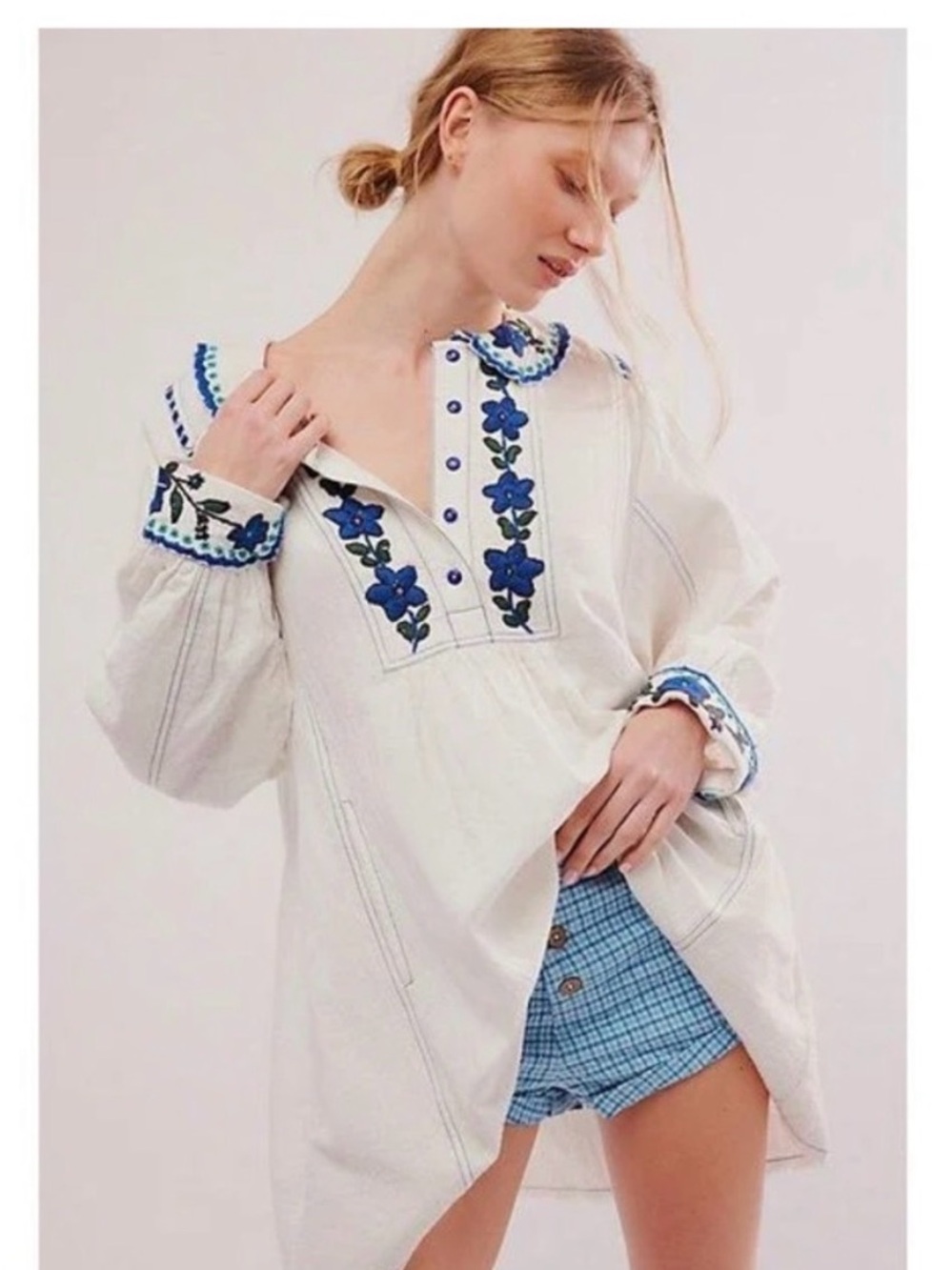 We The Free White Tunic with Blue Floral Embroidery